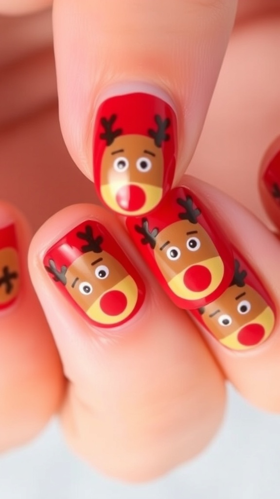 Short Reindeer Christmas Nail Art Short nails with reindeer nail art for Christmas, featuring brown faces and red noses on a red background.
